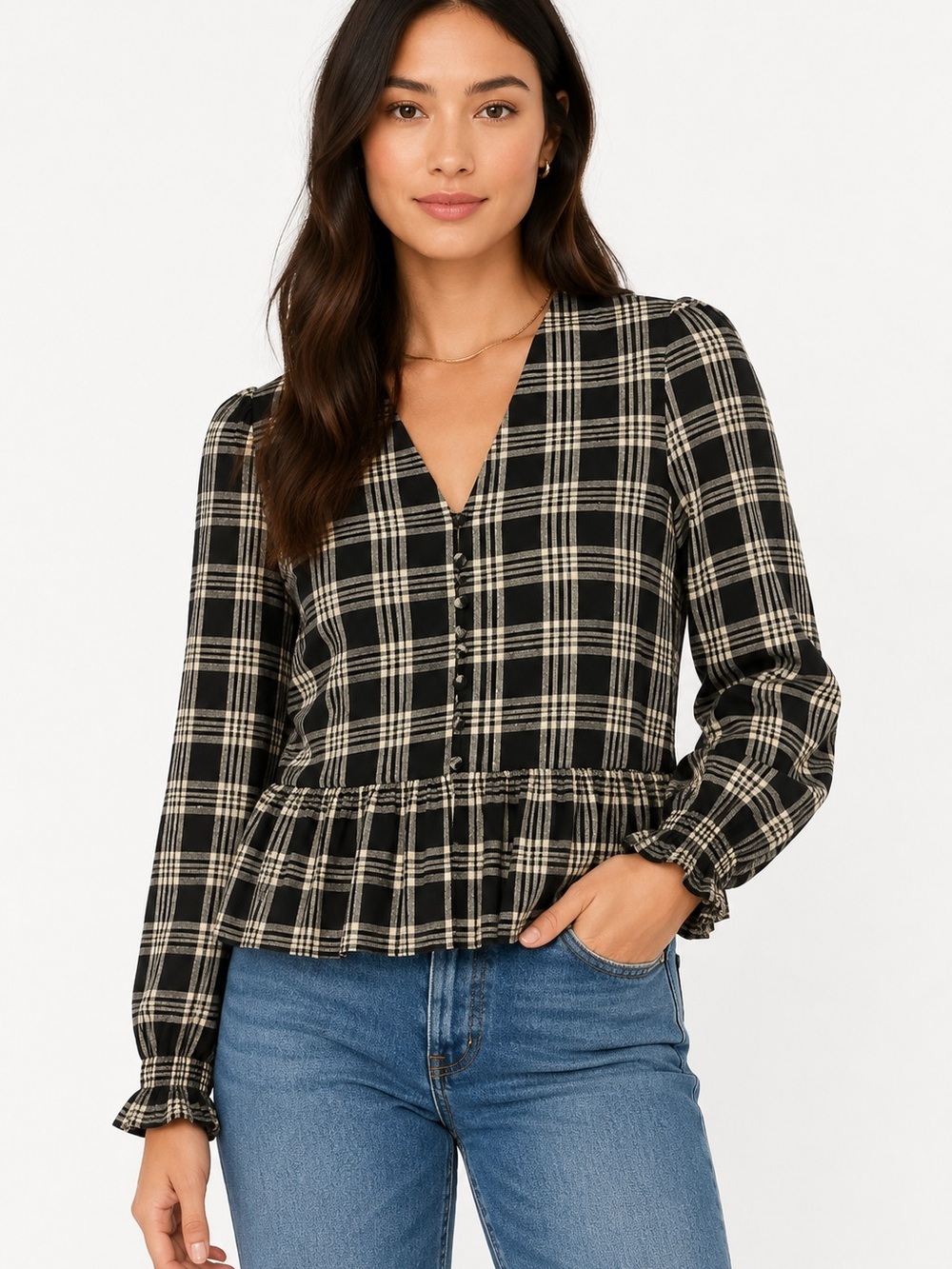 Madewell XS Black Ivory Plaid Peplum Blouse Button Front Long Sleeve Cottagecore